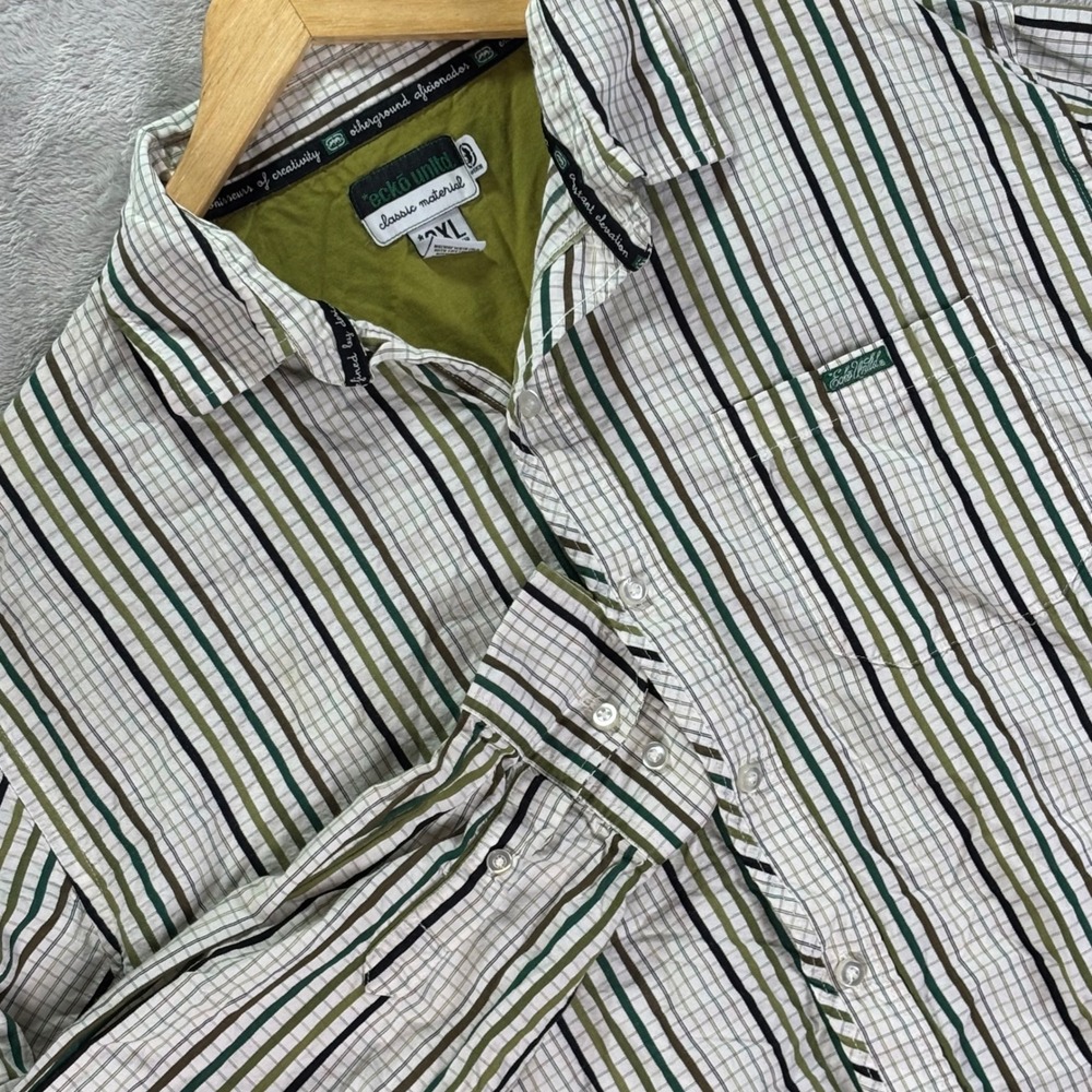 Ecko Unltd Mens Button Up Shirt Striped Green White Classic Material‎ Sz 2XL